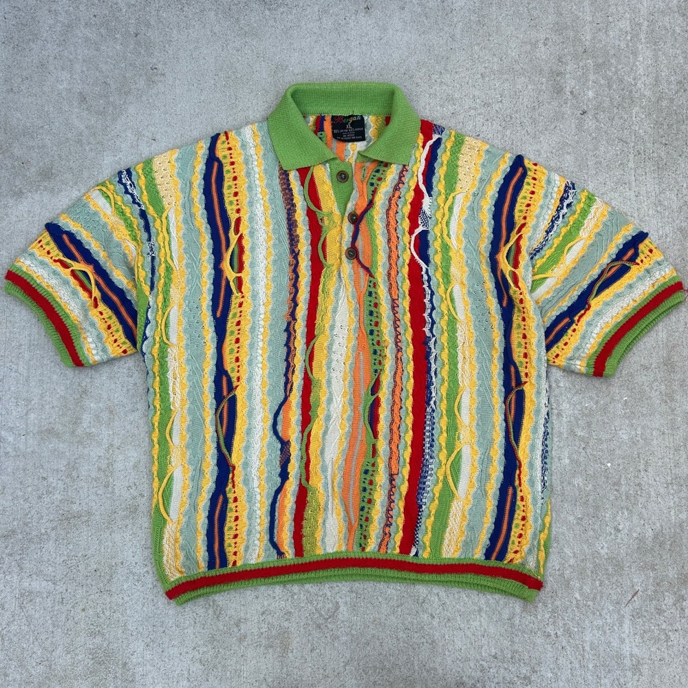 Bergati Vintage 3D Knit Polo Shirt XL Multi Color Coogi Style Textured 90s